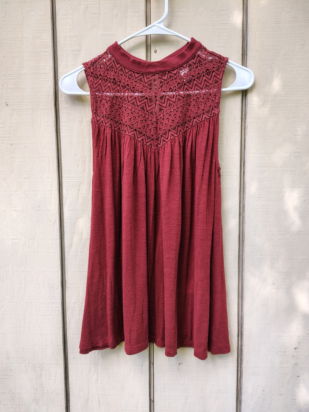 Loft Sleeveless Crochet Lace Yoke Swing Tank Deep Wine Boho Festival Casual